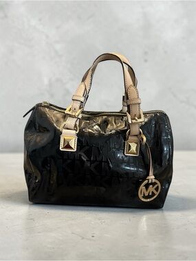 Michael Kors Grayson Black Patent Logo Embossed Satchel Duffle Bag